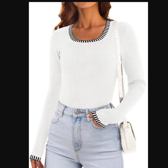 NWT MEROKEETY SZ XL Women's Ribbed Stretch Knit Scoop Neck Sweater White & Black - Picture 1 of 12